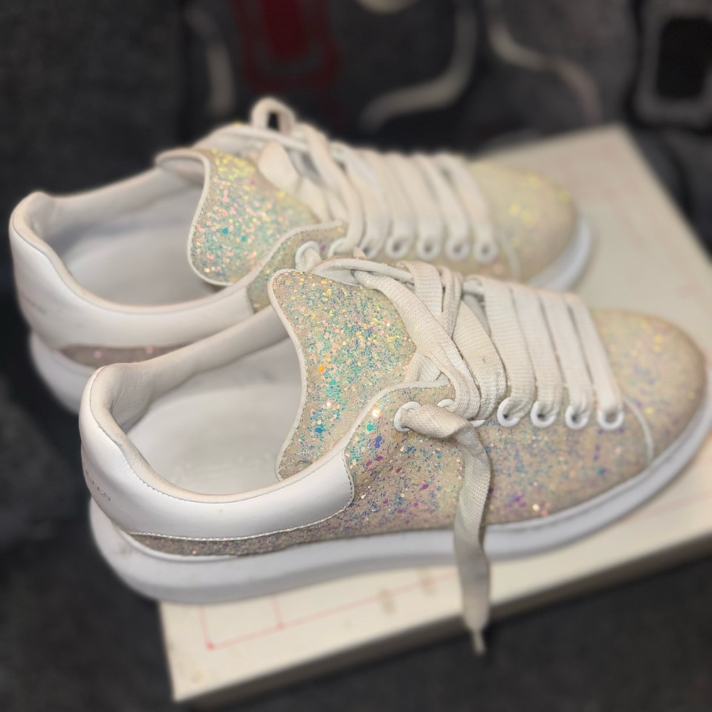 Alexander McQueen White Iridescent Glitter Sneakers